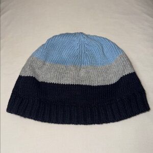 Blue and Gray Striped Knit Beanie